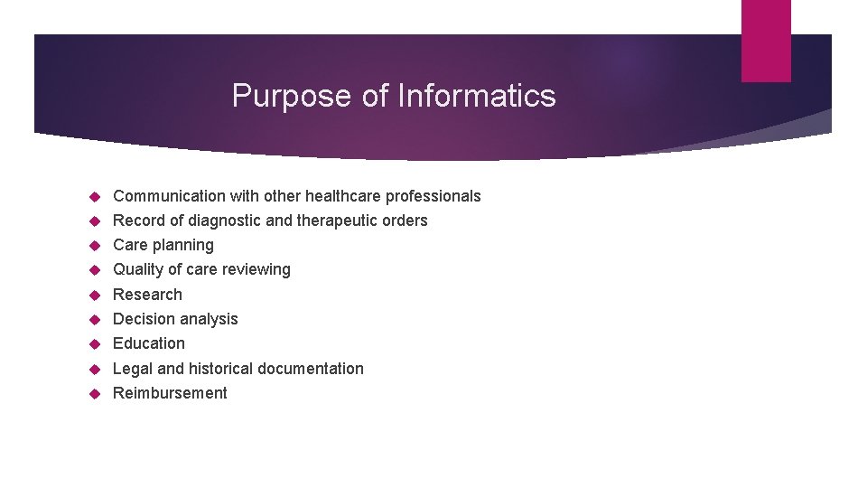 Purpose of Informatics Communication with other healthcare professionals Record of diagnostic and therapeutic orders