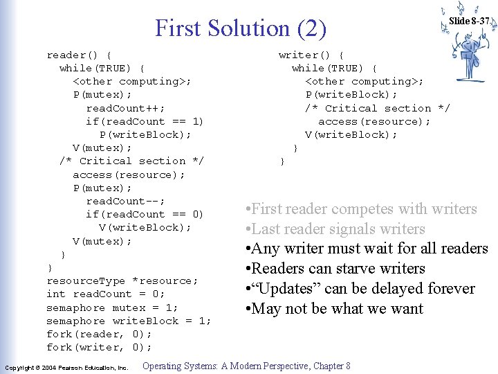 First Solution (2) reader() { while(TRUE) { <other computing>; P(mutex); read. Count++; if(read. Count First Solution (2) reader() { while(TRUE) { <other computing>; P(mutex); read. Count++; if(read. Count