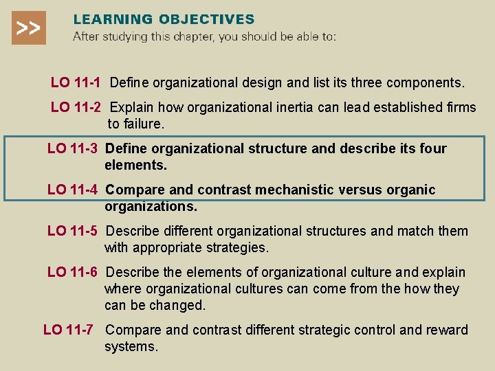 LO 11 -1 Define organizational design and list its three components. LO 11 -2 LO 11 -1 Define organizational design and list its three components. LO 11 -2