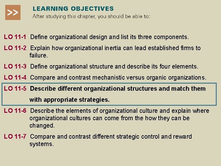 LO 11 -1 Define organizational design and list its three components. LO 11 -2 LO 11 -1 Define organizational design and list its three components. LO 11 -2