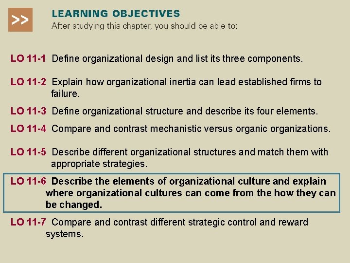 LO 11 -1 Define organizational design and list its three components. LO 11 -2 LO 11 -1 Define organizational design and list its three components. LO 11 -2
