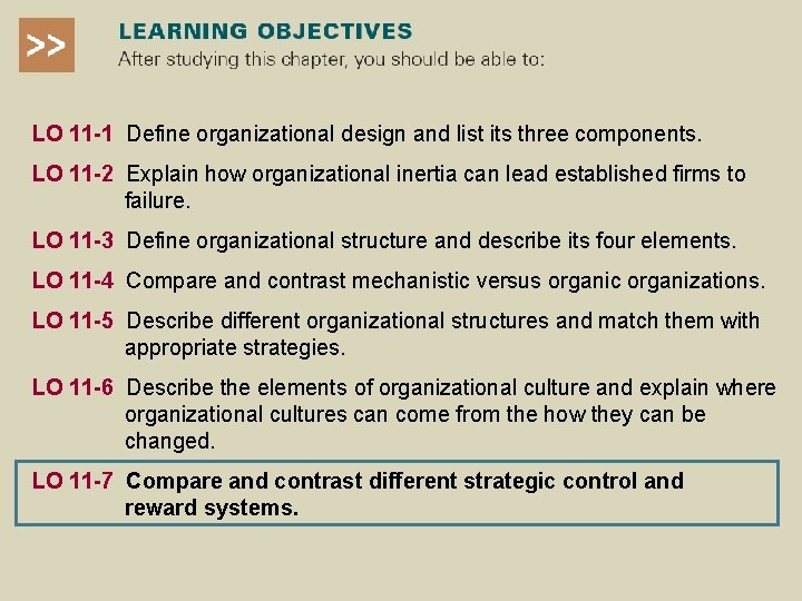 LO 11 -1 Define organizational design and list its three components. LO 11 -2 LO 11 -1 Define organizational design and list its three components. LO 11 -2