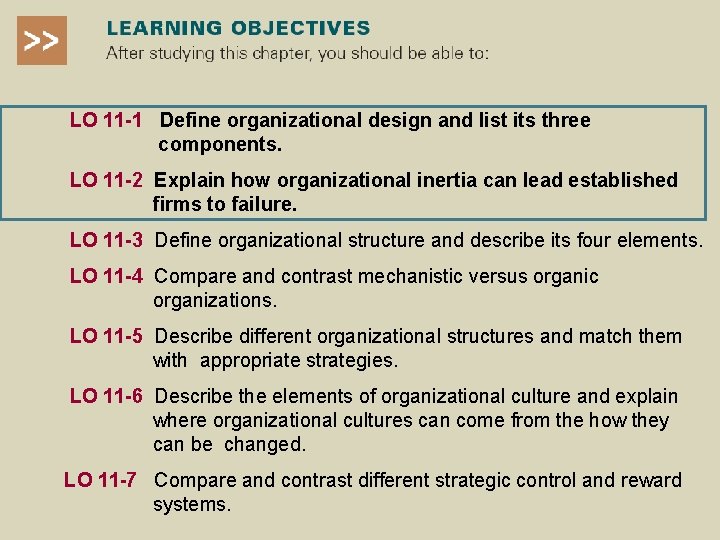 LO 11 -1 Define organizational design and list its three components. LO 11 -2 LO 11 -1 Define organizational design and list its three components. LO 11 -2