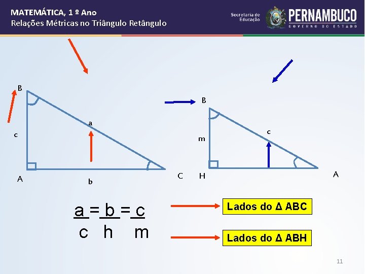 MATEMÁTICA, 1 º Ano Relações Métricas no Triângulo Retângulo B B a c A