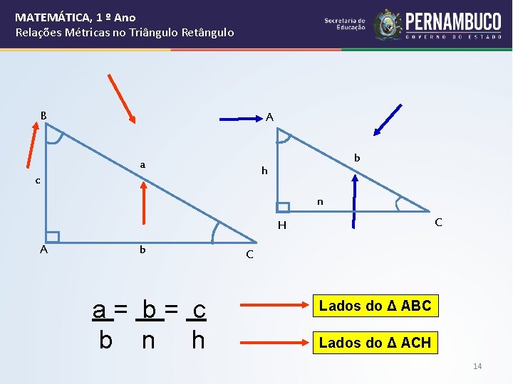 MATEMÁTICA, 1 º Ano Relações Métricas no Triângulo Retângulo B A a b h