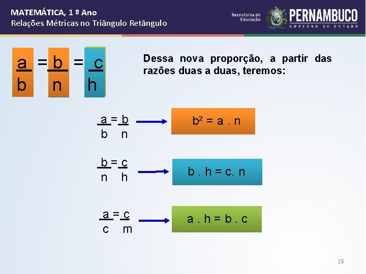 MATEMÁTICA, 1 º Ano Relações Métricas no Triângulo Retângulo a =b = c b