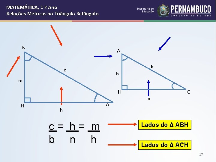 MATEMÁTICA, 1 º Ano Relações Métricas no Triângulo Retângulo B A b c h