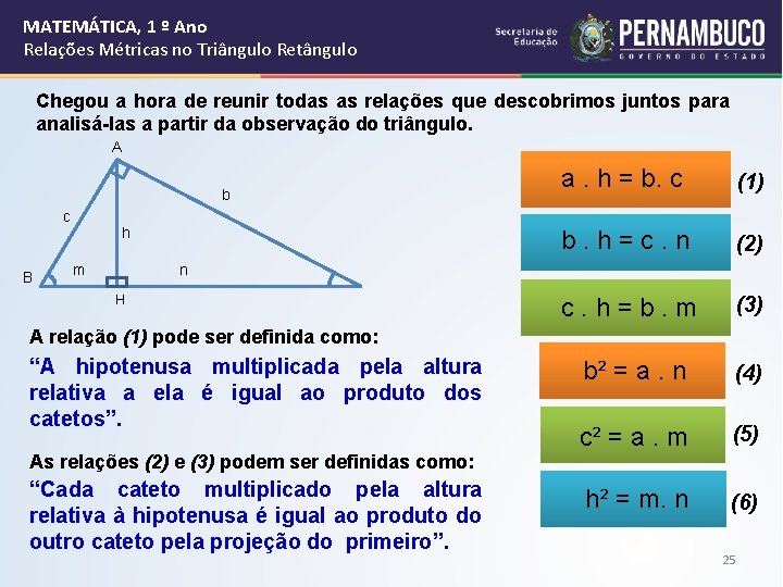 MATEMÁTICA, 1 º Ano Relações Métricas no Triângulo Retângulo Chegou a hora de reunir