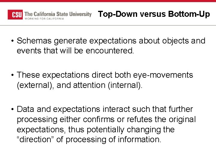 Top-Down versus Bottom-Up • Schemas generate expectations about objects and events that will be