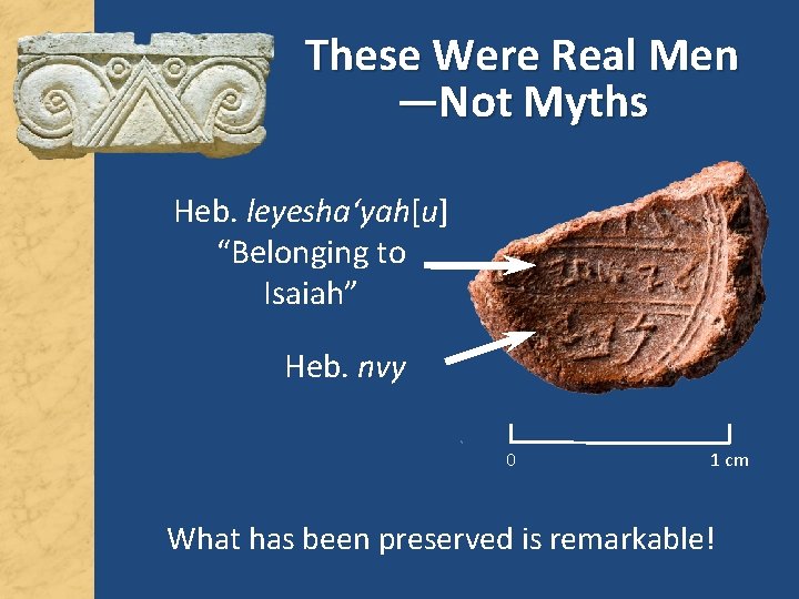 These Were Real Men —Not Myths Heb. leyesha‘yah[u] “Belonging to Isaiah” Heb. nvy 0