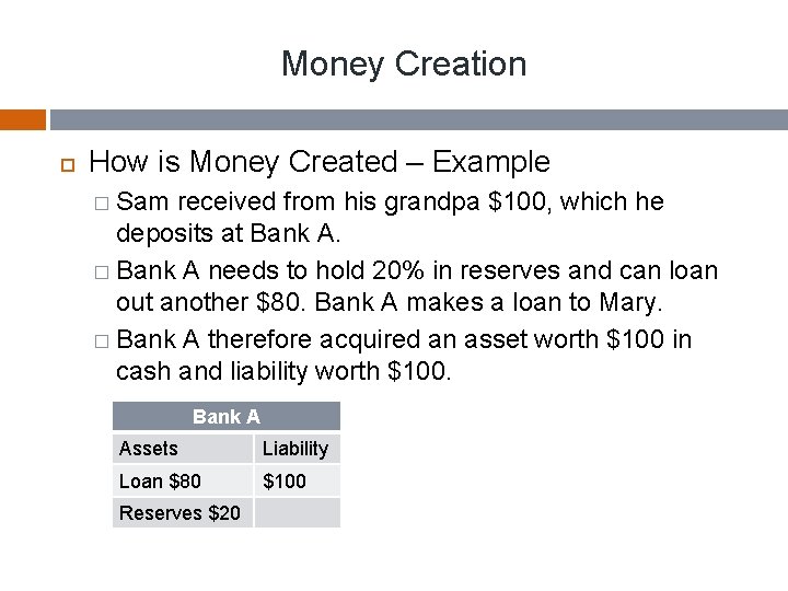 Money Creation How is Money Created – Example � Sam received from his grandpa