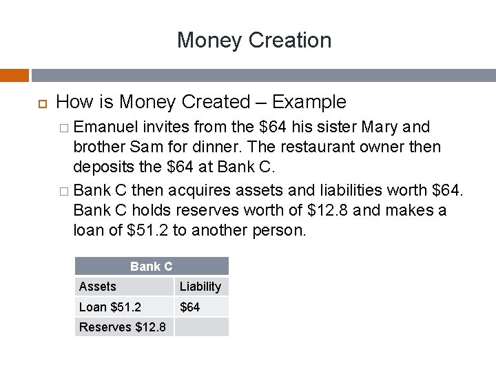 Money Creation How is Money Created – Example � Emanuel invites from the $64