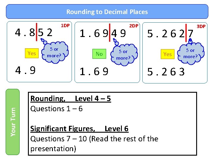 Rounding to Decimal Places 4. 852 Yes Your Turn 4. 9 1 DP 5