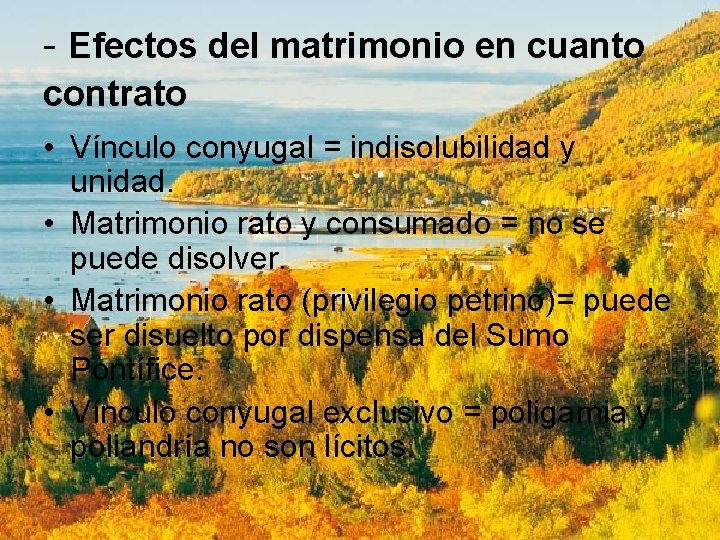 - Efectos del matrimonio en cuanto contrato • Vínculo conyugal = indisolubilidad y unidad.