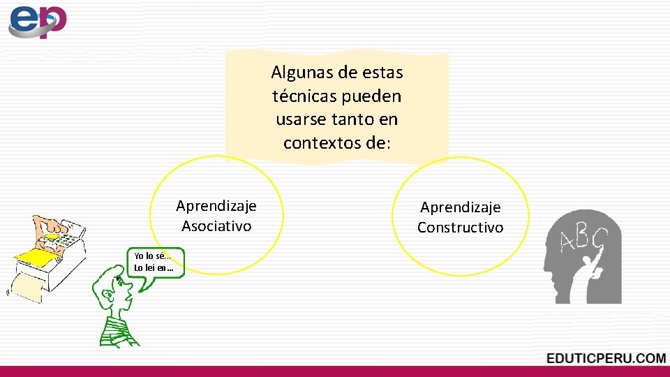 Algunas de estas técnicas pueden usarse tanto en contextos de: Aprendizaje Asociativo Yo lo