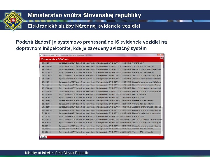 Ministerstvo vnútra Slovenskej republiky Elektronické služby Národnej evidencie vozidiel Podaná žiadosť je systémovo prenesená