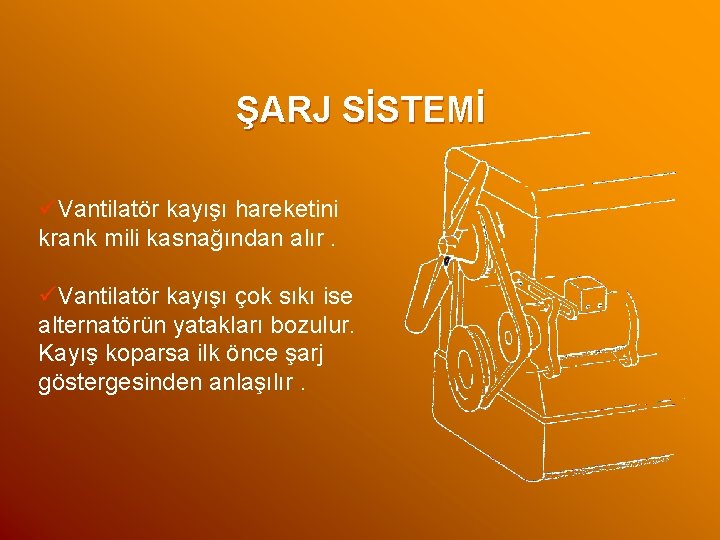 ŞARJ SİSTEMİ üVantilatör kayışı hareketini krank mili kasnağından alır. üVantilatör kayışı çok sıkı ise