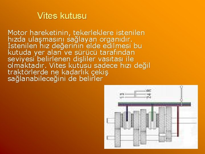 Vites kutusu Motor hareketinin, tekerleklere istenilen hızda ulaşmasını sağlayan organıdır. İstenilen hız değerinin elde