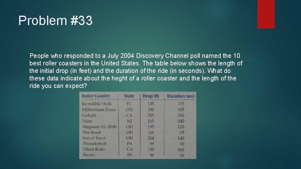 Problem #33 People who responded to a July 2004 Discovery Channel poll named the