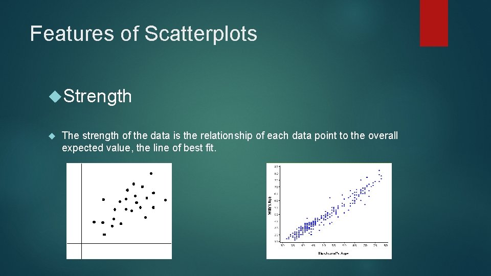 Features of Scatterplots Strength The strength of the data is the relationship of each