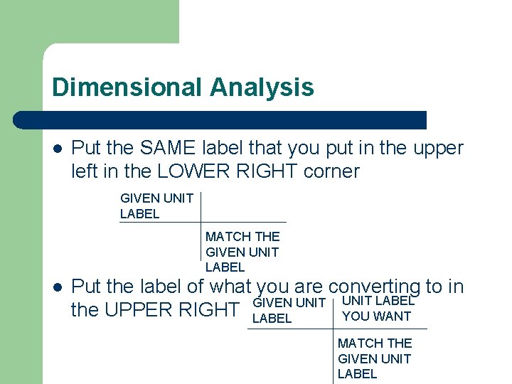Dimensional Analysis l Put the SAME label that you put in the upper left