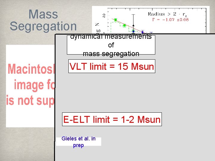 Mass Segregation dynamical measurements of mass segregation VLT limit = 15 Msun E-ELT limit