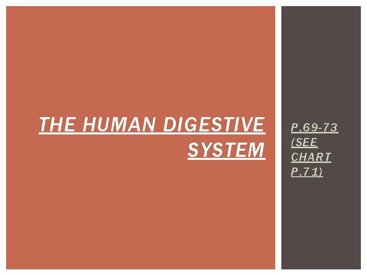 THE HUMAN DIGESTIVE SYSTEM P. 69 -73 (SEE CHART P. 71) 