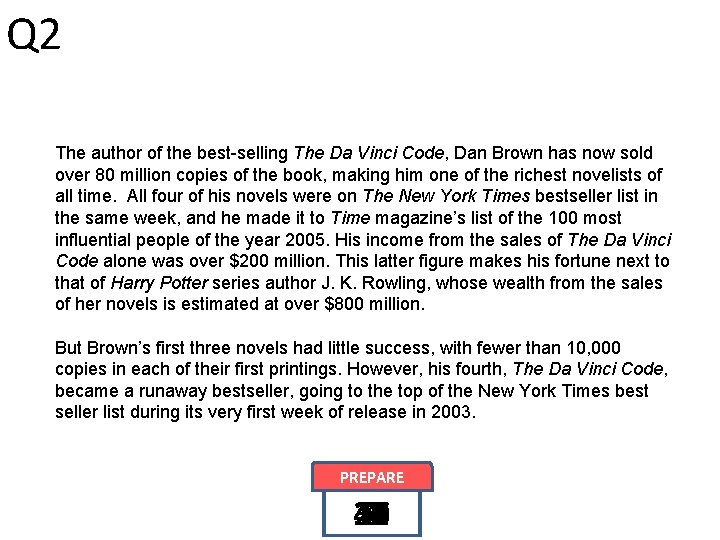 Q 2 The author of the best-selling The Da Vinci Code, Dan Brown has Q 2 The author of the best-selling The Da Vinci Code, Dan Brown has