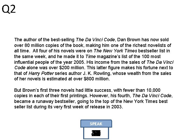 Q 2 The author of the best-selling The Da Vinci Code, Dan Brown has Q 2 The author of the best-selling The Da Vinci Code, Dan Brown has
