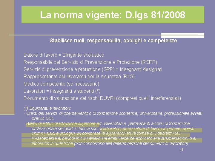 La norma vigente: D. lgs 81/2008 Stabilisce ruoli, responsabilità, obblighi e competenze Datore di