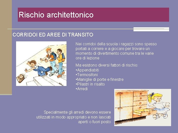 Rischio architettonico CORRIDOI ED AREE DI TRANSITO Nei corridoi della scuola i ragazzi sono