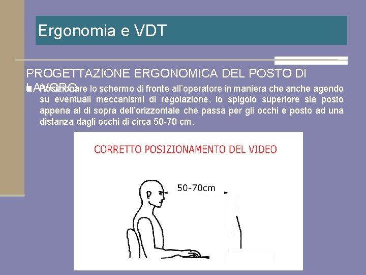 Ergonomia e VDT PROGETTAZIONE ERGONOMICA DEL POSTO DI n Posizionare lo schermo di fronte