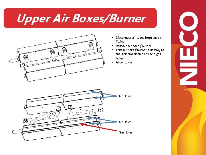 Upper Air Boxes/Burner • Disconnect air tubes from supply fitting • Remove air boxes/burner