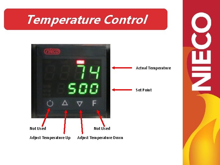 Temperature Control Actual Temperature Set Point Not Used Adjust Temperature Up Not Used Adjust