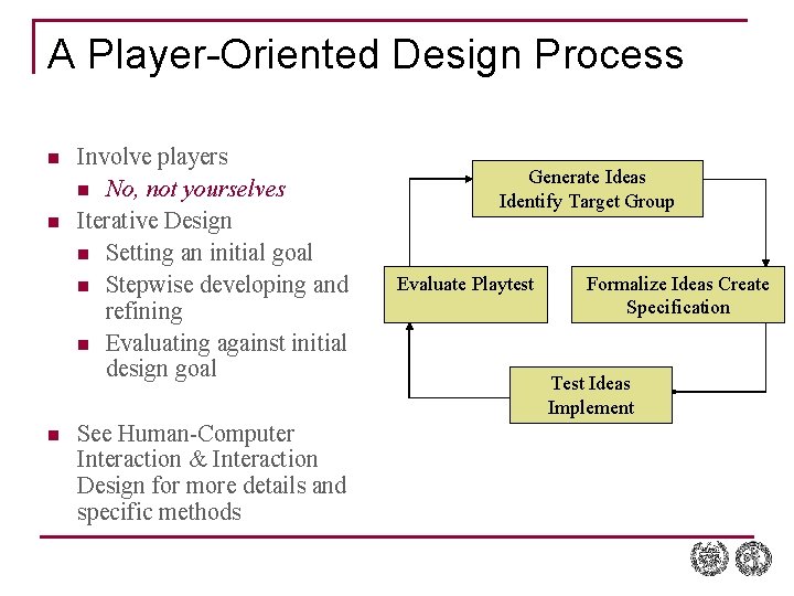 A Player-Oriented Design Process n n n Involve players n No, not yourselves Iterative A Player-Oriented Design Process n n n Involve players n No, not yourselves Iterative