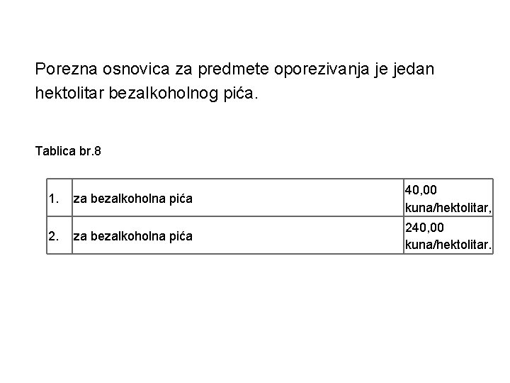 Porezna osnovica za predmete oporezivanja je jedan hektolitar bezalkoholnog pića. Tablica br. 8 1.