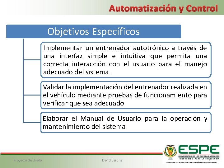 Automatización y Control Objetivos Específicos Implementar un entrenador autotrónico a través de una interfaz