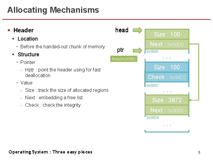 Allocating Mechanisms § Header head § Location • Before the handed-out chunk of memory