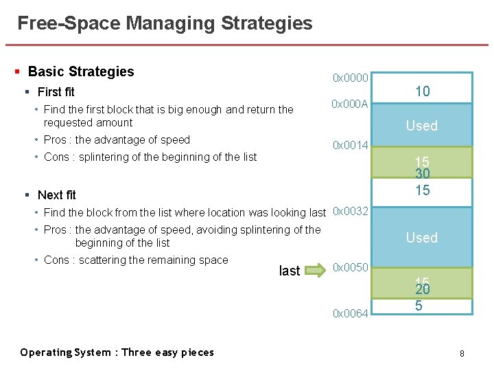 Free-Space Managing Strategies § Basic Strategies 0 x 0000 § First fit • Find