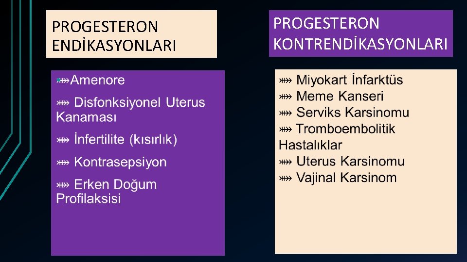 PROGESTERON ENDİKASYONLARI • PROGESTERON KONTRENDİKASYONLARI 