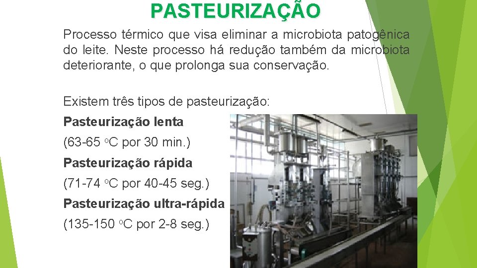 PASTEURIZAÇÃO Processo térmico que visa eliminar a microbiota patogênica do leite. Neste processo há