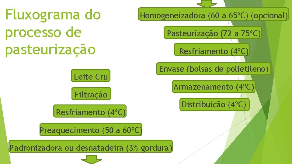 Fluxograma do processo de pasteurização Homogeneizadora (60 a 65ºC) (opcional) Leite Cru Pasteurização (72