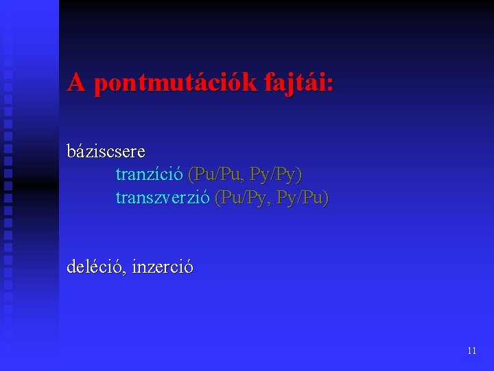 A pontmutációk fajtái: báziscsere tranzíció (Pu/Pu, Py/Py) transzverzió (Pu/Py, Py/Pu) deléció, inzerció 11 