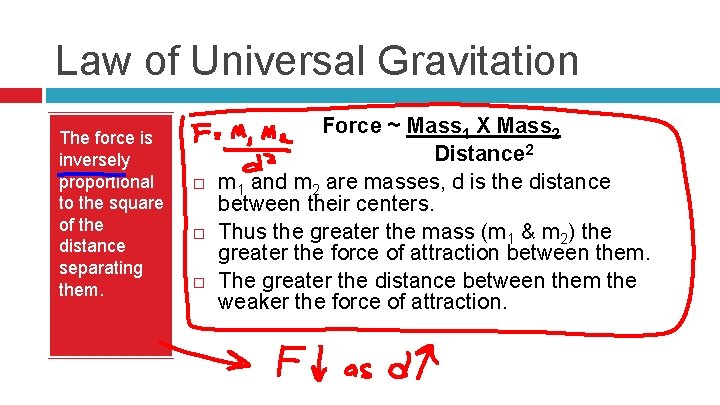 Law of Universal Gravitation The force is inversely proportional to the square of the