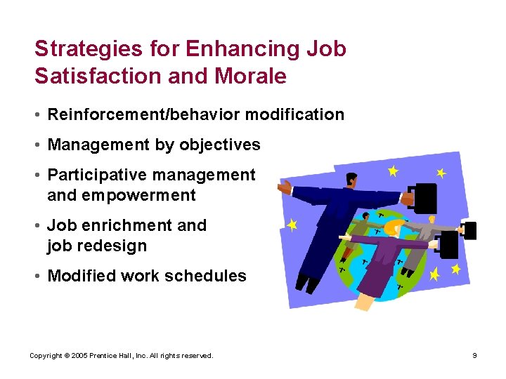 Strategies for Enhancing Job Satisfaction and Morale • Reinforcement/behavior modification • Management by objectives