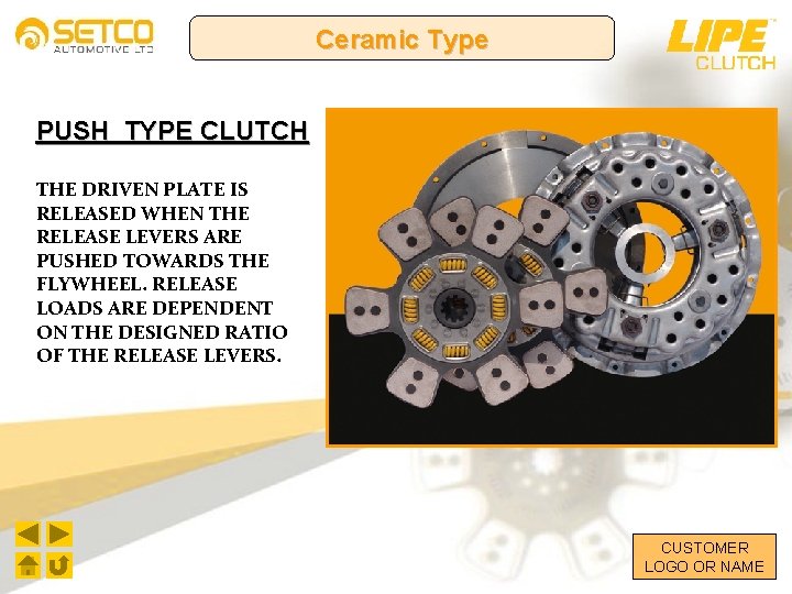 Ceramic Type PUSH TYPE CLUTCH THE DRIVEN PLATE IS RELEASED WHEN THE RELEASE LEVERS