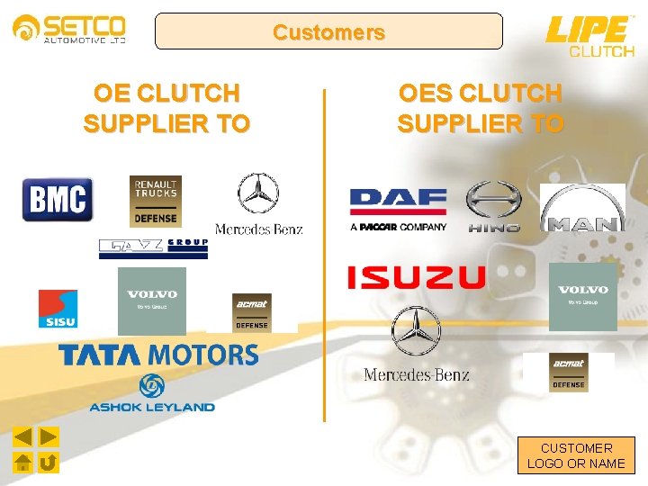 Customers OE CLUTCH SUPPLIER TO OES CLUTCH SUPPLIER TO CUSTOMER LOGO OR NAME 