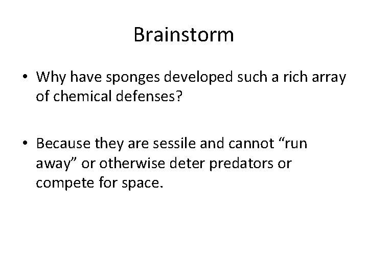 Brainstorm • Why have sponges developed such a rich array of chemical defenses? •