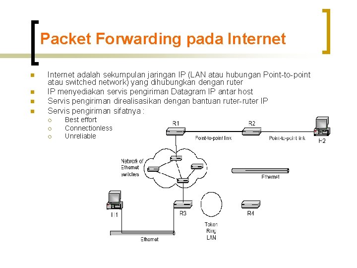 Packet Forwarding pada Internet n n Internet adalah sekumpulan jaringan IP (LAN atau hubungan