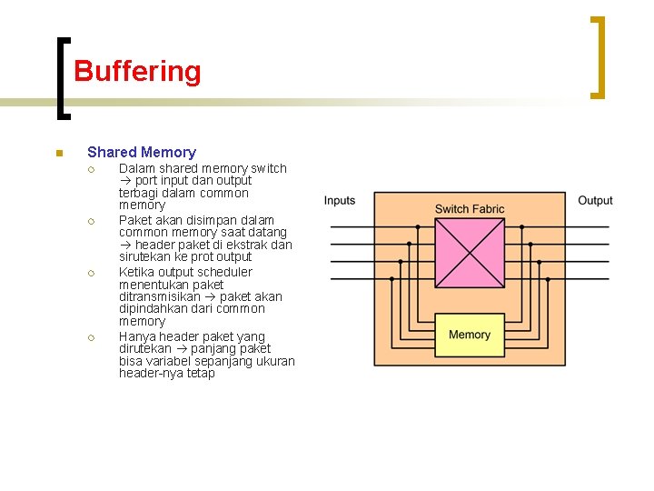 Buffering n Shared Memory ¡ ¡ Dalam shared memory switch port input dan output